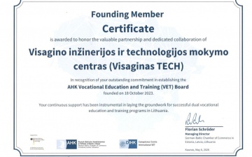 Visaginas TECH įteiktas AHK profesinio mokymo tarybos steigėjo nario sertifikatas