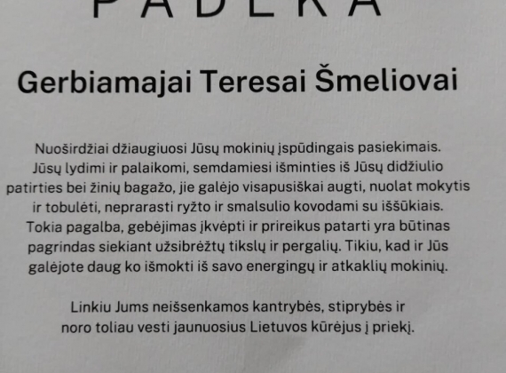 Visagino TVPMC fizikos mokytoja metodininkė T. Šmeliova apdovanota Ministrės Pirmininkės padėka2