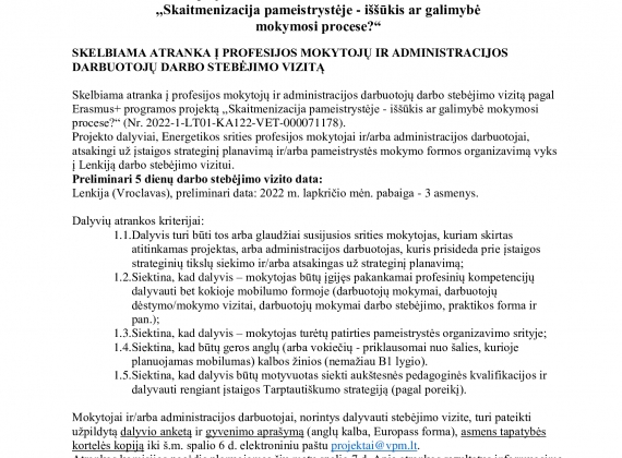 SKELBIAMA ATRANKA Į PROFESIJOS MOKYTOJŲ IR ADMINISTRACIJOS DARBUOTOJŲ DARBO STEBĖJIMO VIZITĄ2