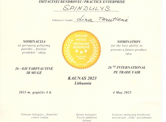 MŪSŲ CENTRO IMITACINĖ BENDROVĖ „SPINDULYS“ 26 –OJE TARPTAUTINĖJE IMITACINIŲ BENDROVIŲ MUGĖJE LAIMĖJO AUKSINĘ NOMINACIJĄ 2